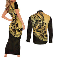 Philippines Eagle Sun Couples Matching Short Sleeve Bodycon Dress and Long Sleeve Button Shirt Filipino Agila Polynesian Tattoo Gold Color