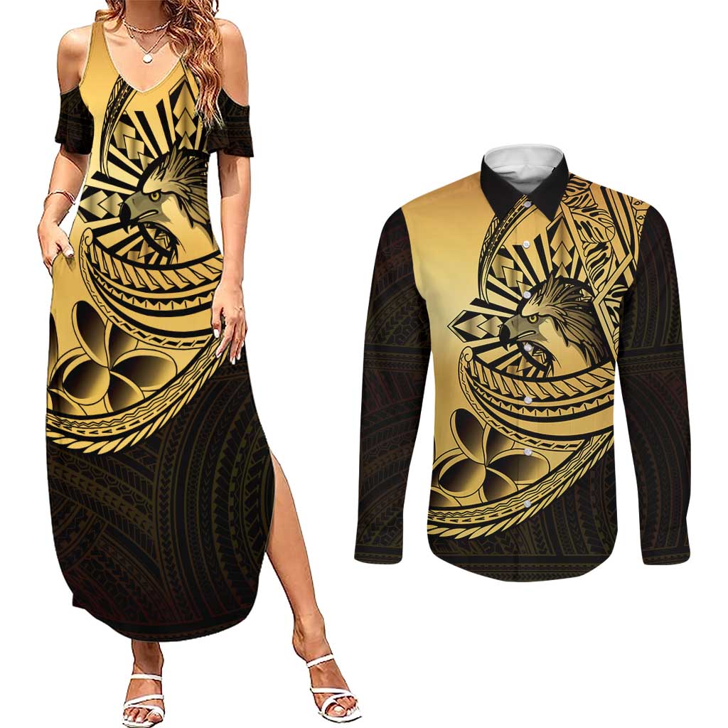 Philippines Eagle Sun Couples Matching Summer Maxi Dress and Long Sleeve Button Shirt Filipino Agila Polynesian Tattoo Gold Color LT14 Gold - Polynesian Pride
