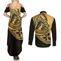 Philippines Eagle Sun Couples Matching Summer Maxi Dress and Long Sleeve Button Shirt Filipino Agila Polynesian Tattoo Gold Color LT14 - Polynesian Pride