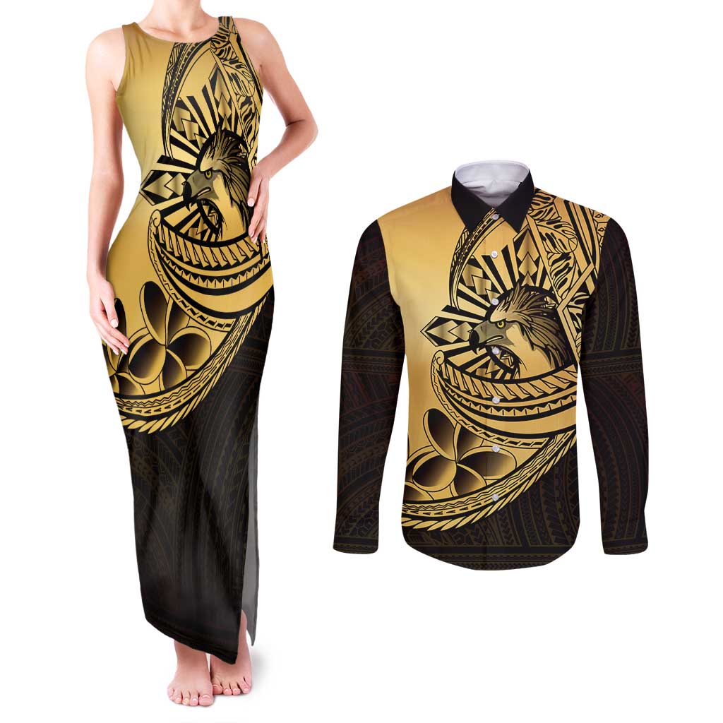 Philippines Eagle Sun Couples Matching Tank Maxi Dress and Long Sleeve Button Shirt Filipino Agila Polynesian Tattoo Gold Color LT14 Gold - Polynesian Pride