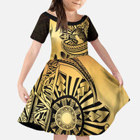 Philippines Eagle Sun Family Matching Off Shoulder Maxi Dress and Hawaiian Shirt Filipino Agila Polynesian Tattoo Gold Color LT14 Daughter's Dress Gold - Polynesian Pride