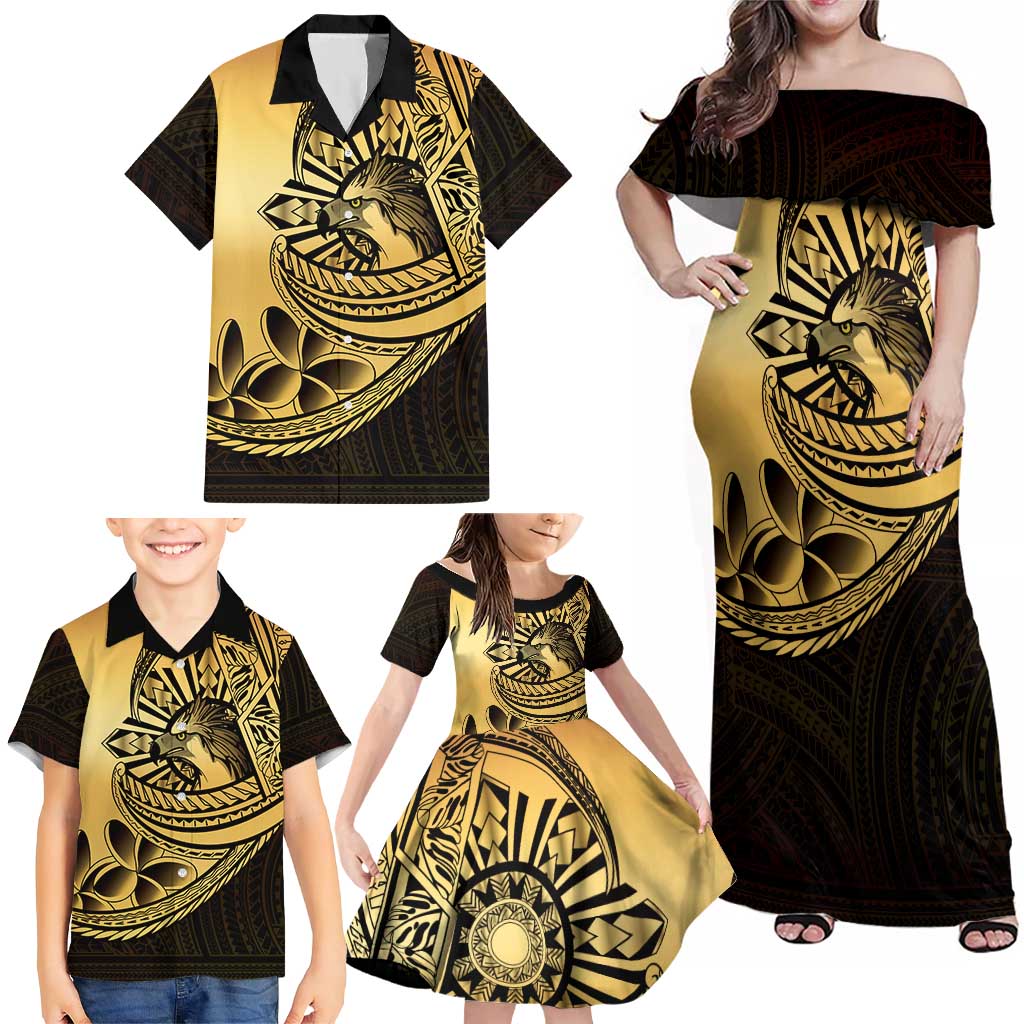 Philippines Eagle Sun Family Matching Off Shoulder Maxi Dress and Hawaiian Shirt Filipino Agila Polynesian Tattoo Gold Color LT14 - Polynesian Pride