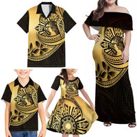 Philippines Eagle Sun Family Matching Off Shoulder Maxi Dress and Hawaiian Shirt Filipino Agila Polynesian Tattoo Gold Color LT14 - Polynesian Pride