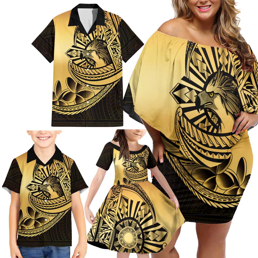 Philippines Eagle Sun Family Matching Off Shoulder Short Dress and Hawaiian Shirt Filipino Agila Polynesian Tattoo Gold Color LT14 - Polynesian Pride