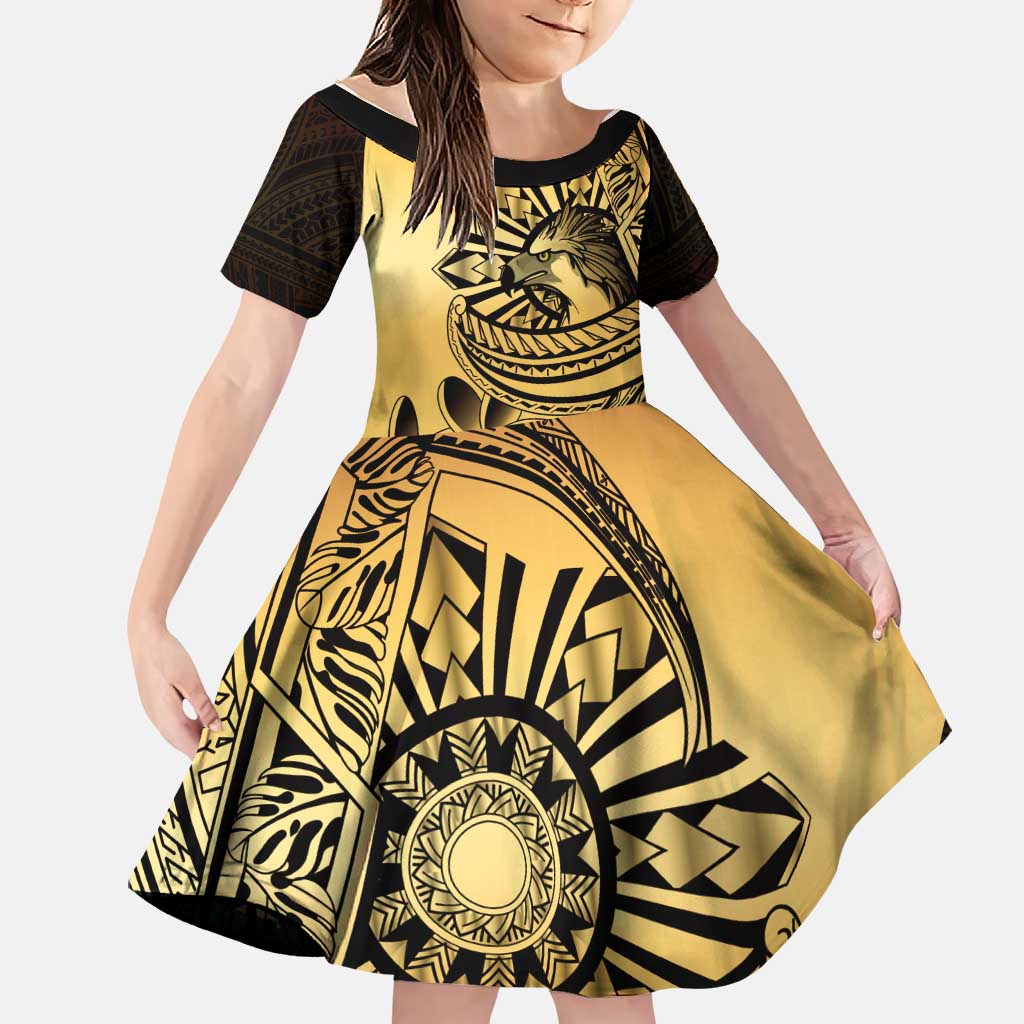 Philippines Eagle Sun Family Matching Short Sleeve Bodycon Dress and Hawaiian Shirt Filipino Agila Polynesian Tattoo Gold Color LT14 Daughter's Dress Gold - Polynesian Pride