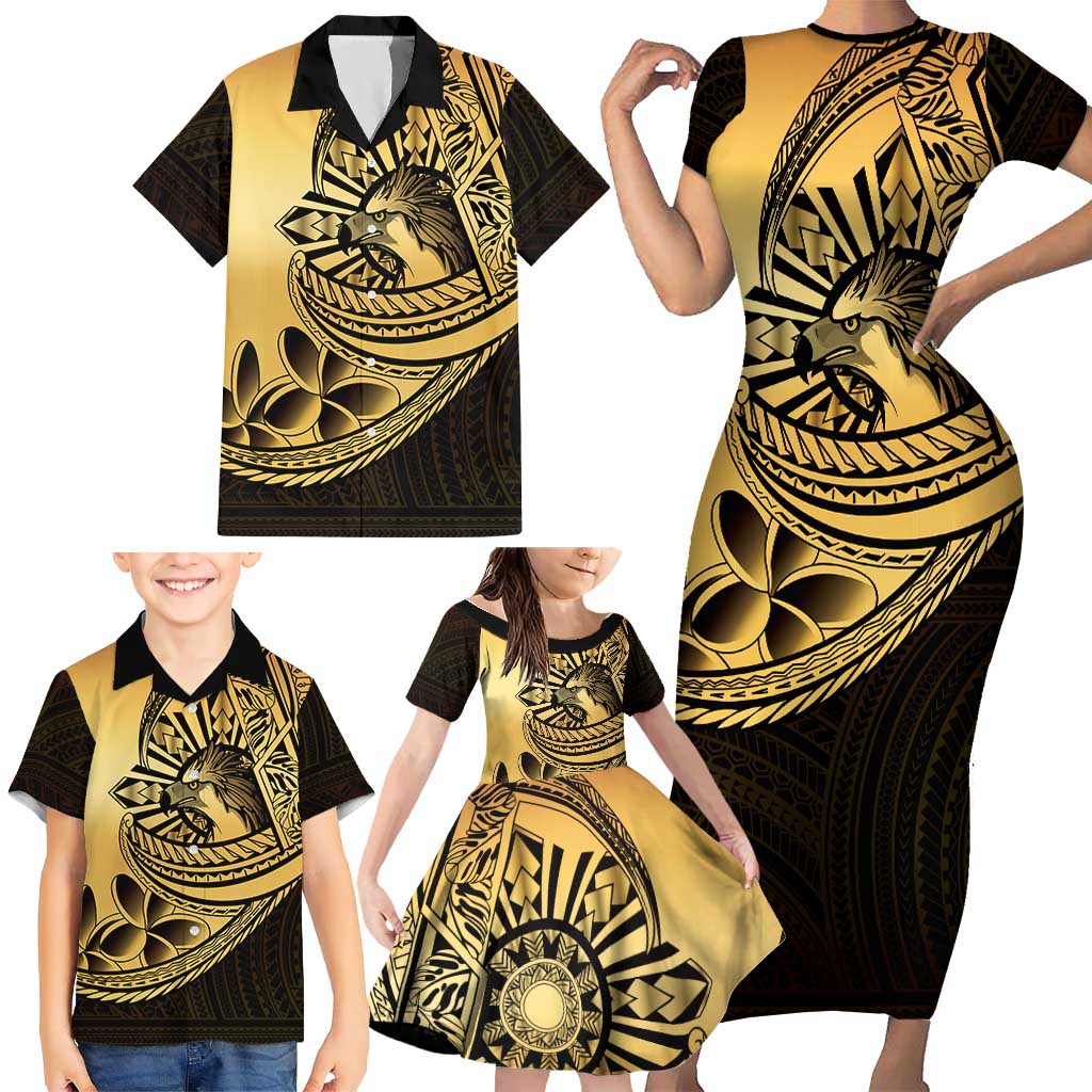Philippines Eagle Sun Family Matching Short Sleeve Bodycon Dress and Hawaiian Shirt Filipino Agila Polynesian Tattoo Gold Color