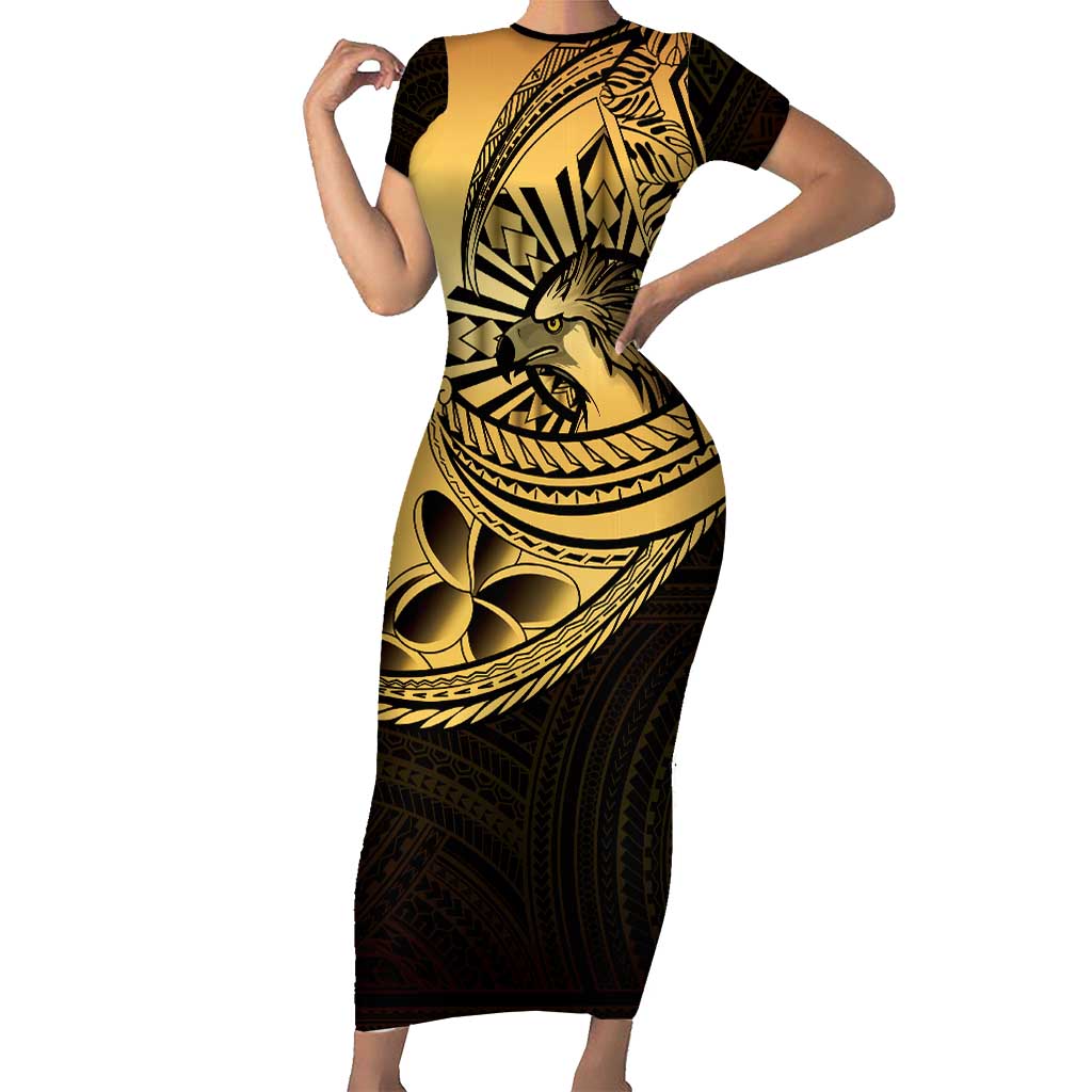 Philippines Eagle Sun Family Matching Short Sleeve Bodycon Dress and Hawaiian Shirt Filipino Agila Polynesian Tattoo Gold Color LT14 Mom's Dress Gold - Polynesian Pride