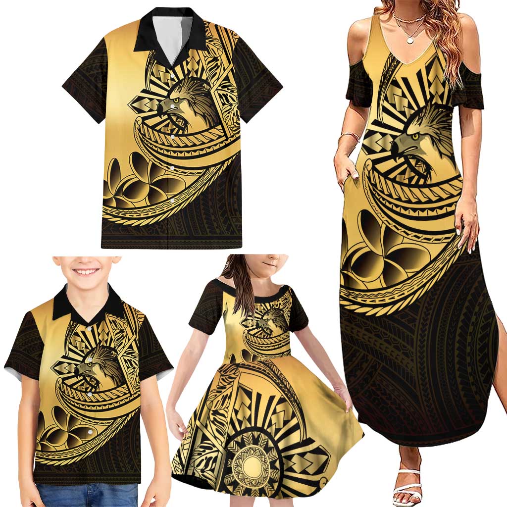 Philippines Eagle Sun Family Matching Summer Maxi Dress and Hawaiian Shirt Filipino Agila Polynesian Tattoo Gold Color LT14 - Polynesian Pride