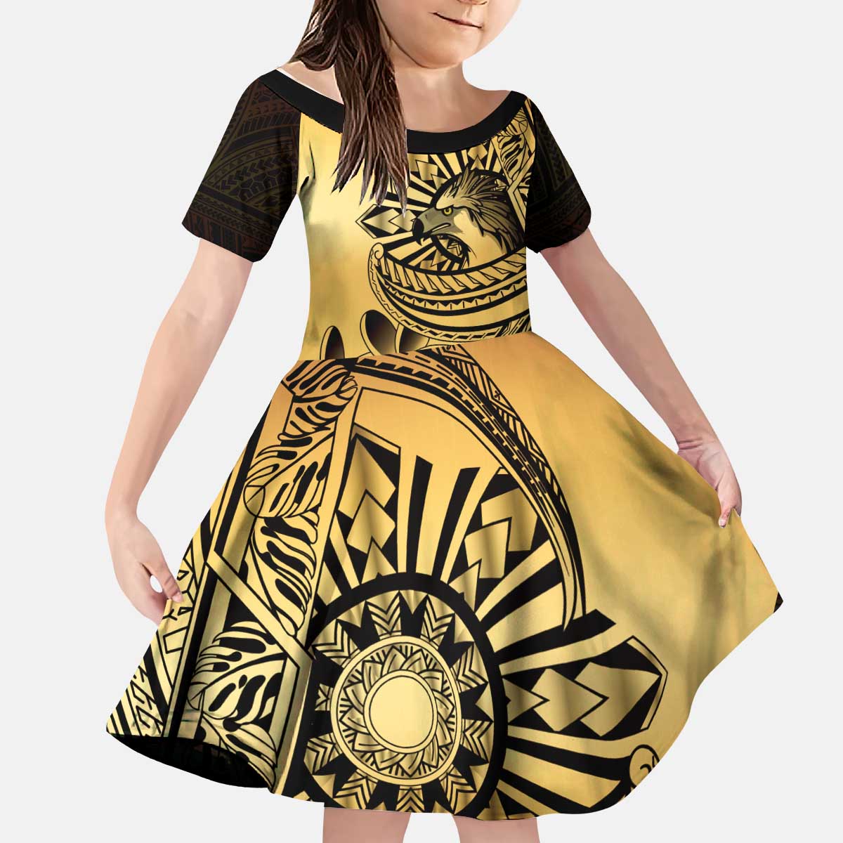 Philippines Eagle Sun Kid Short Sleeve Dress Filipino Agila Polynesian Tattoo Gold Color
