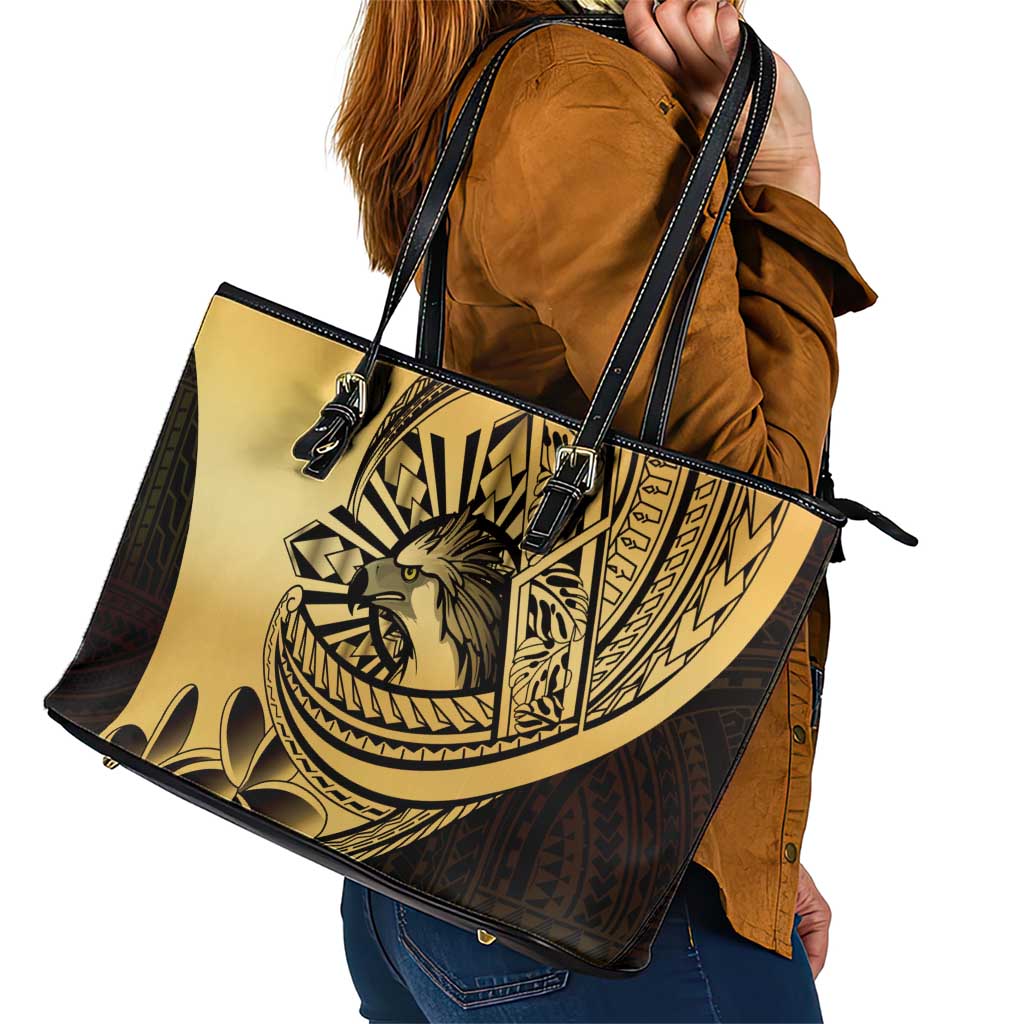 Philippines Eagle Sun Leather Tote Bag Filipino Agila Polynesian Tattoo Gold Color