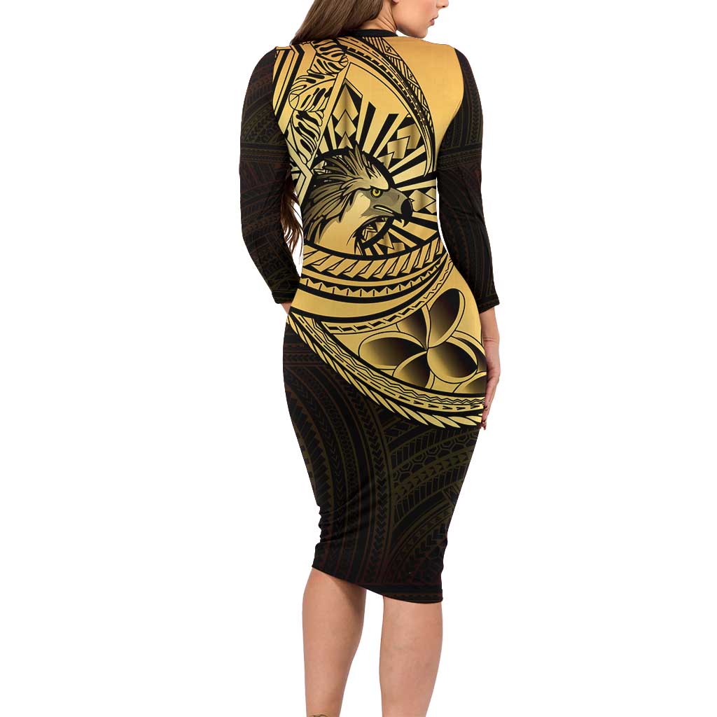 Philippines Eagle Sun Long Sleeve Bodycon Dress Filipino Agila Polynesian Tattoo Gold Color