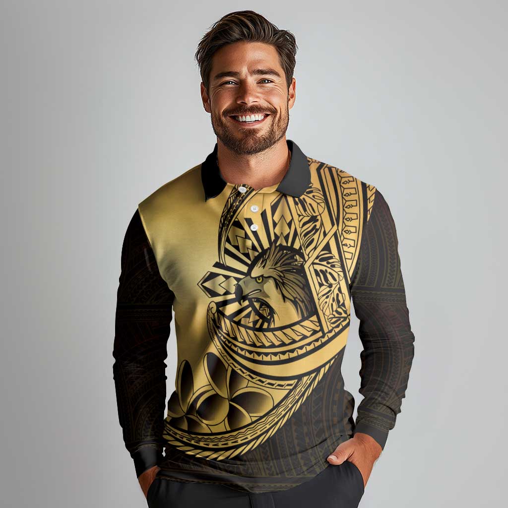 Philippines Eagle Sun Long Sleeve Polo Shirt Filipino Agila Polynesian Tattoo Gold Color