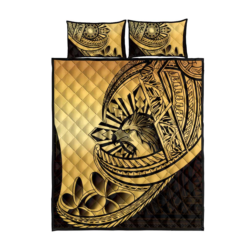 Philippines Eagle Sun Quilt Bed Set Filipino Agila Polynesian Tattoo Gold Color