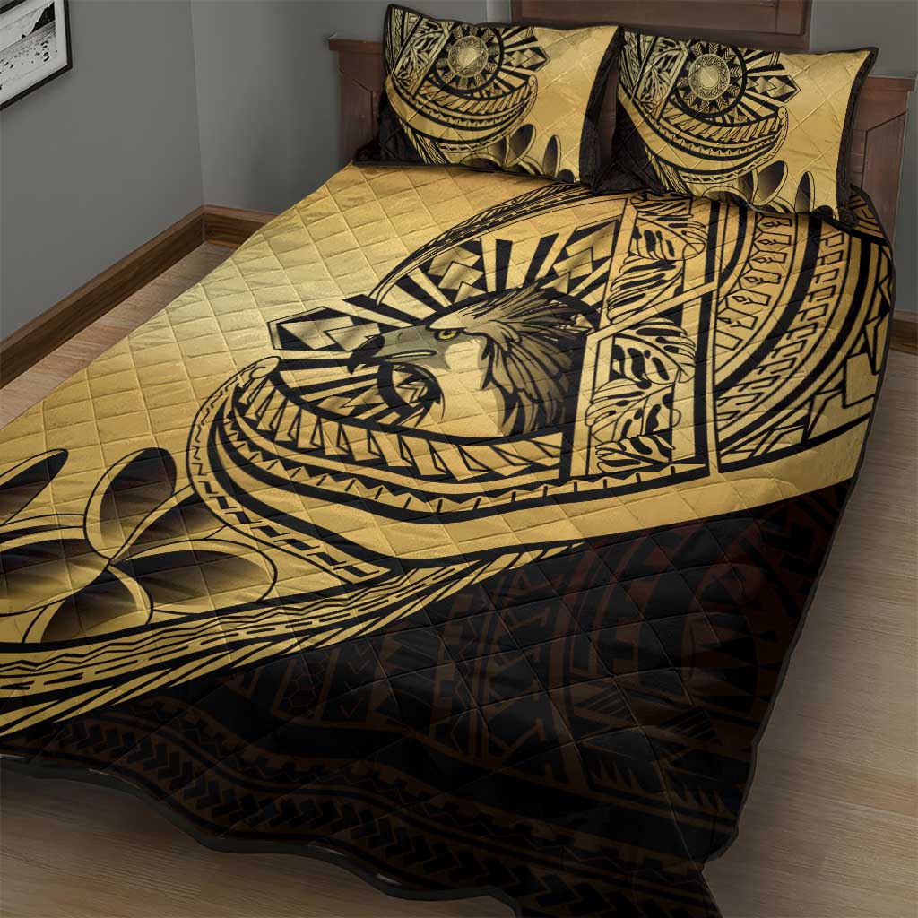 Philippines Eagle Sun Quilt Bed Set Filipino Agila Polynesian Tattoo Gold Color