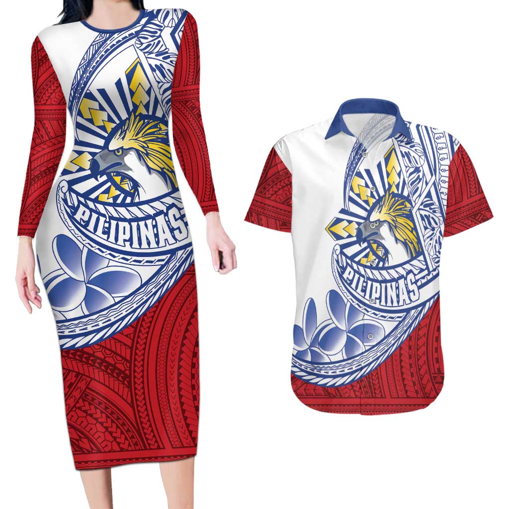 Philippines Eagle Sun Couples Matching Long Sleeve Bodycon Dress and Hawaiian Shirt Filipino Agila Polynesian Tattoo Flag Color LT14 Red - Polynesian Pride