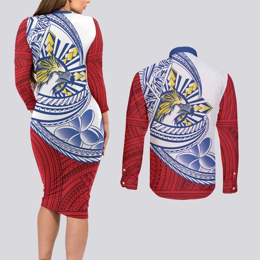 Philippines Eagle Sun Couples Matching Long Sleeve Bodycon Dress and Long Sleeve Button Shirt Filipino Agila Polynesian Tattoo Flag Color