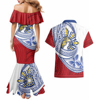 Philippines Eagle Sun Couples Matching Mermaid Dress and Hawaiian Shirt Filipino Agila Polynesian Tattoo Flag Color