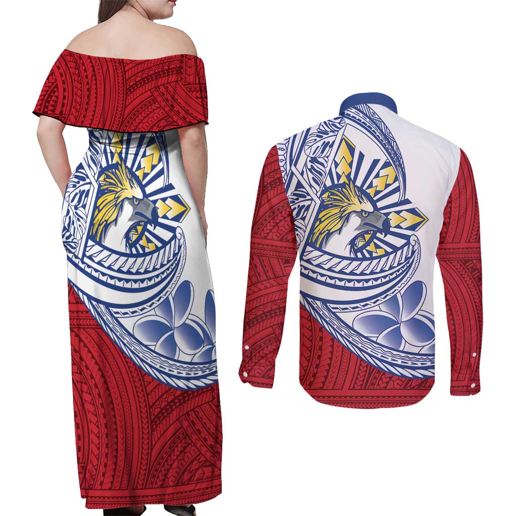 Philippines Eagle Sun Couples Matching Off Shoulder Maxi Dress and Long Sleeve Button Shirt Filipino Agila Polynesian Tattoo Flag Color
