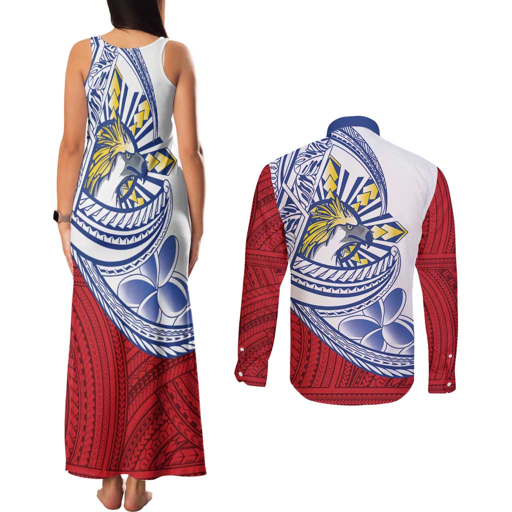 Philippines Eagle Sun Couples Matching Tank Maxi Dress and Long Sleeve Button Shirt Filipino Agila Polynesian Tattoo Flag Color