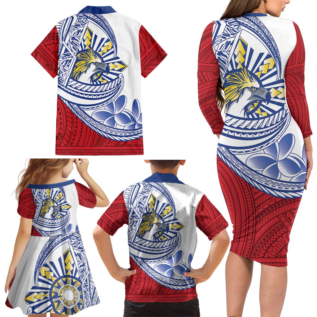 Philippines Eagle Sun Family Matching Long Sleeve Bodycon Dress and Hawaiian Shirt Filipino Agila Polynesian Tattoo Flag Color LT14 - Polynesian Pride
