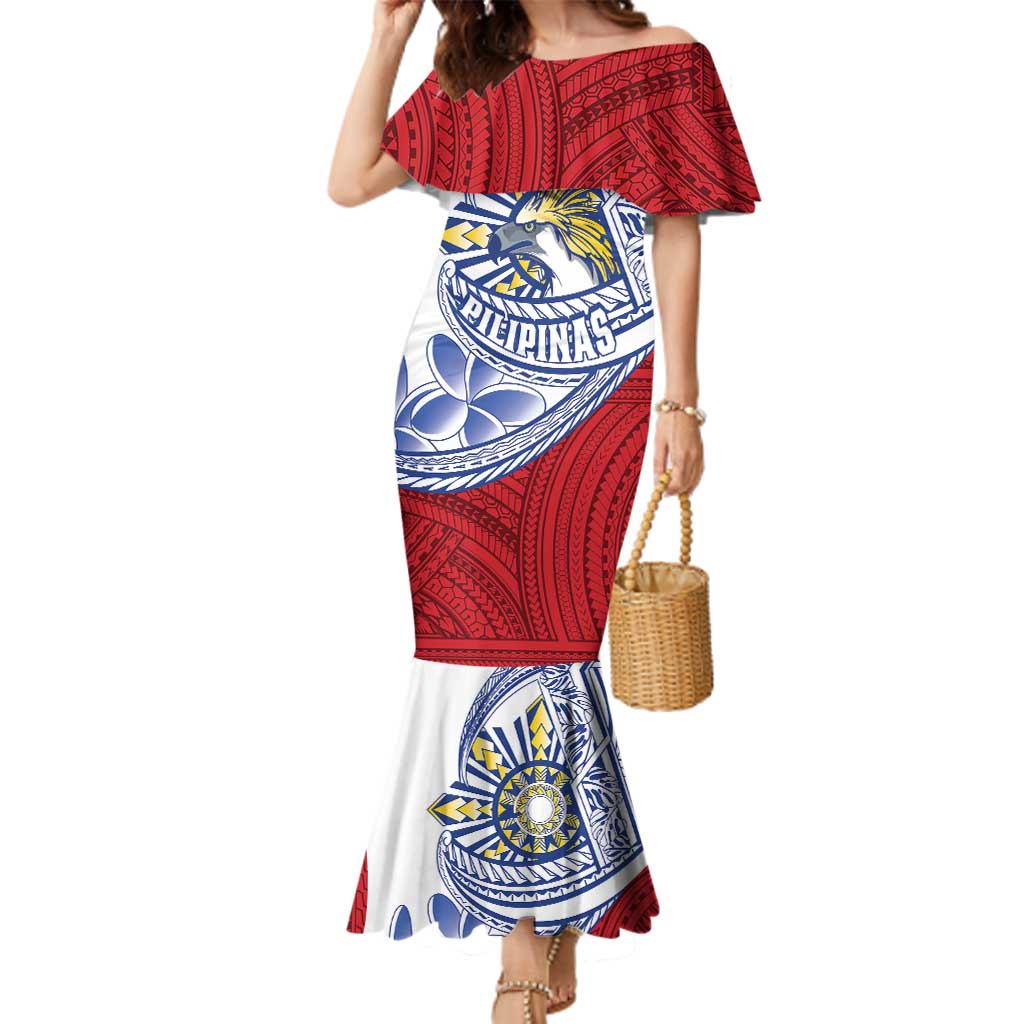 Philippines Eagle Sun Family Matching Mermaid Dress and Hawaiian Shirt Filipino Agila Polynesian Tattoo Flag Color LT14 Mom's Dress Red - Polynesian Pride