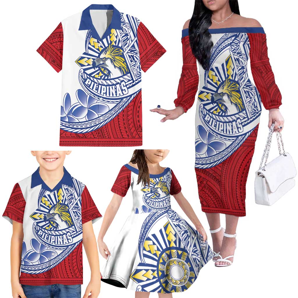 Philippines Eagle Sun Family Matching Off The Shoulder Long Sleeve Dress and Hawaiian Shirt Filipino Agila Polynesian Tattoo Flag Color