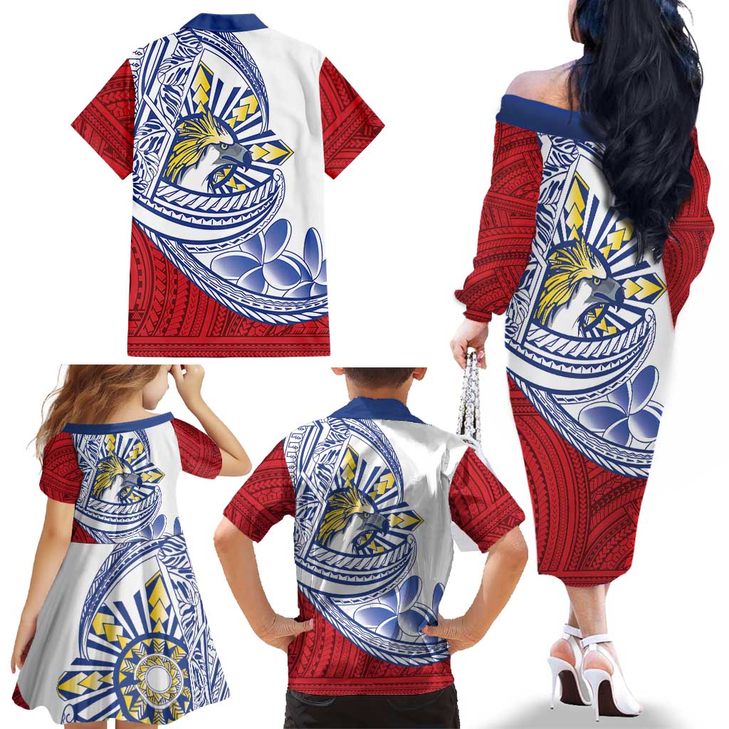 Philippines Eagle Sun Family Matching Off The Shoulder Long Sleeve Dress and Hawaiian Shirt Filipino Agila Polynesian Tattoo Flag Color LT14 - Polynesian Pride