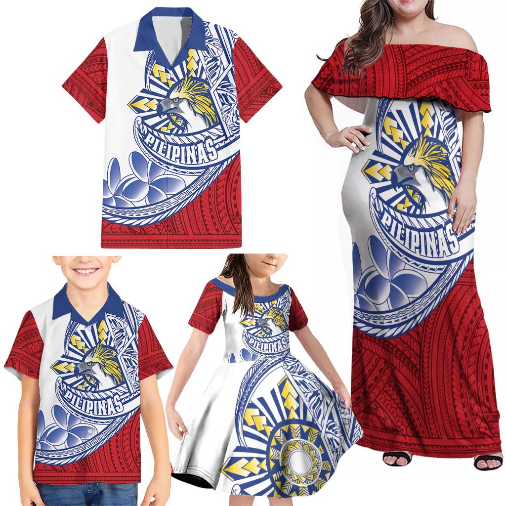 Philippines Eagle Sun Family Matching Off Shoulder Maxi Dress and Hawaiian Shirt Filipino Agila Polynesian Tattoo Flag Color