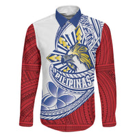 Philippines Eagle Sun Family Matching Off Shoulder Maxi Dress and Hawaiian Shirt Filipino Agila Polynesian Tattoo Flag Color LT14 Dad's Shirt - Long Sleeve Red - Polynesian Pride