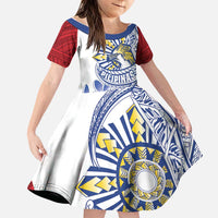 Philippines Eagle Sun Family Matching Off Shoulder Short Dress and Hawaiian Shirt Filipino Agila Polynesian Tattoo Flag Color LT14 Daughter's Dress Red - Polynesian Pride