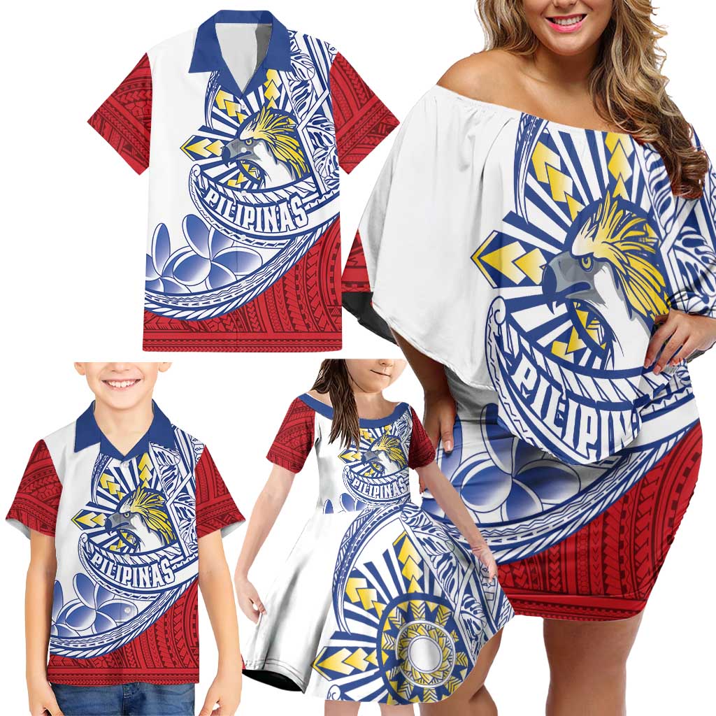 Philippines Eagle Sun Family Matching Off Shoulder Short Dress and Hawaiian Shirt Filipino Agila Polynesian Tattoo Flag Color LT14 - Polynesian Pride
