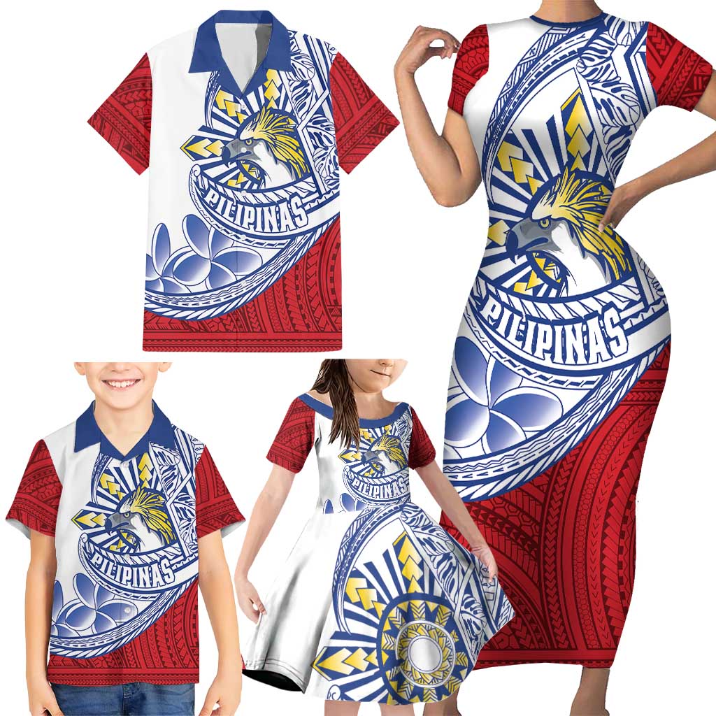 Philippines Eagle Sun Family Matching Short Sleeve Bodycon Dress and Hawaiian Shirt Filipino Agila Polynesian Tattoo Flag Color