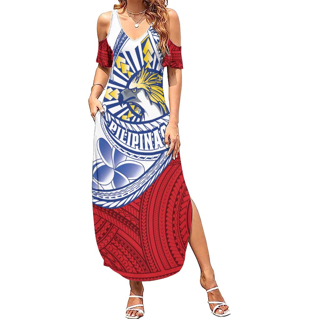 Philippines Eagle Sun Family Matching Summer Maxi Dress and Hawaiian Shirt Filipino Agila Polynesian Tattoo Flag Color LT14 Mom's Dress Red - Polynesian Pride