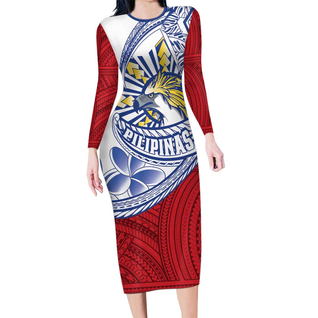 Philippines Eagle Sun Long Sleeve Bodycon Dress Filipino Agila Polynesian Tattoo Flag Color