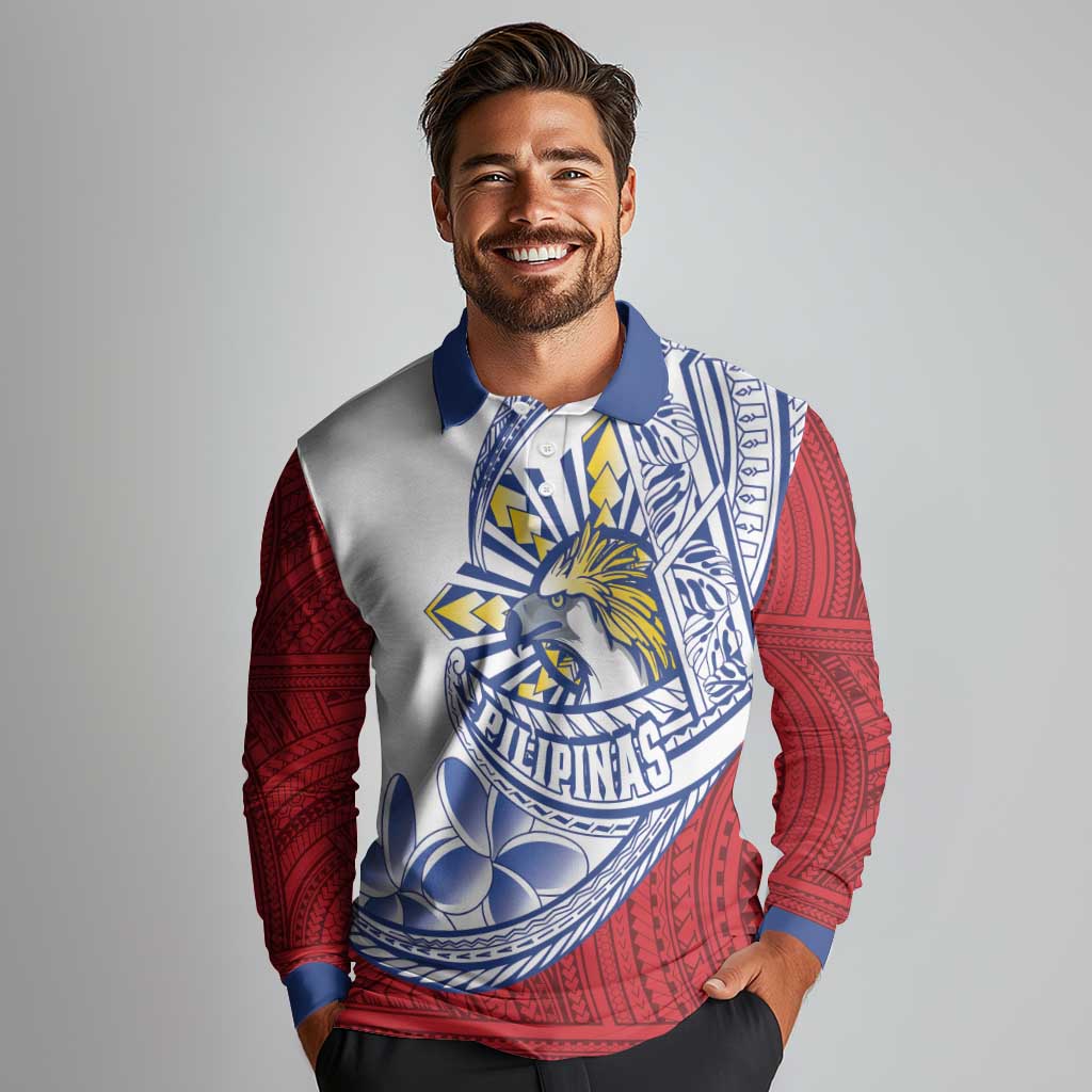 Philippines Eagle Sun Long Sleeve Polo Shirt Filipino Agila Polynesian Tattoo Flag Color