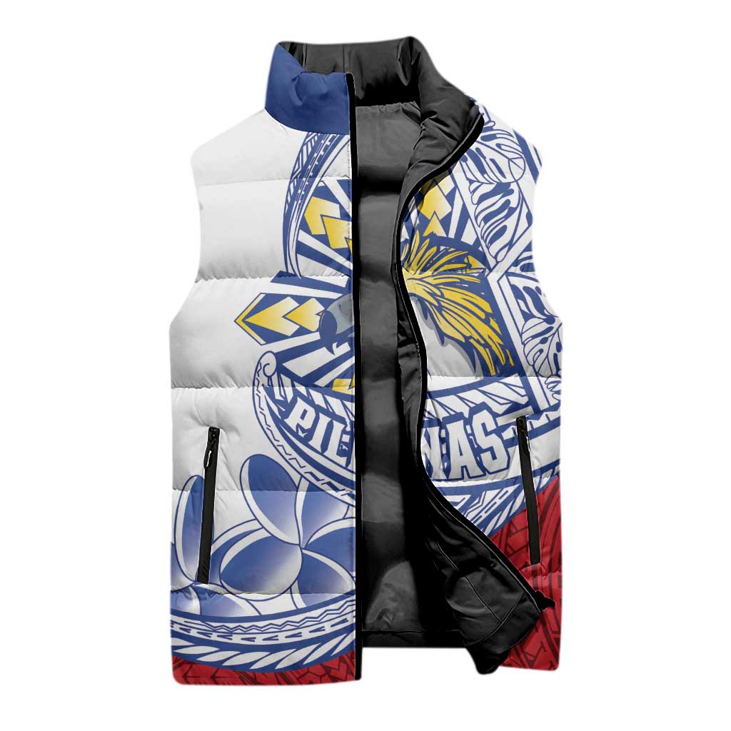 Philippines Eagle Sun Sleeveless Puffer Jacket Filipino Agila Polynesian Tattoo Flag Color