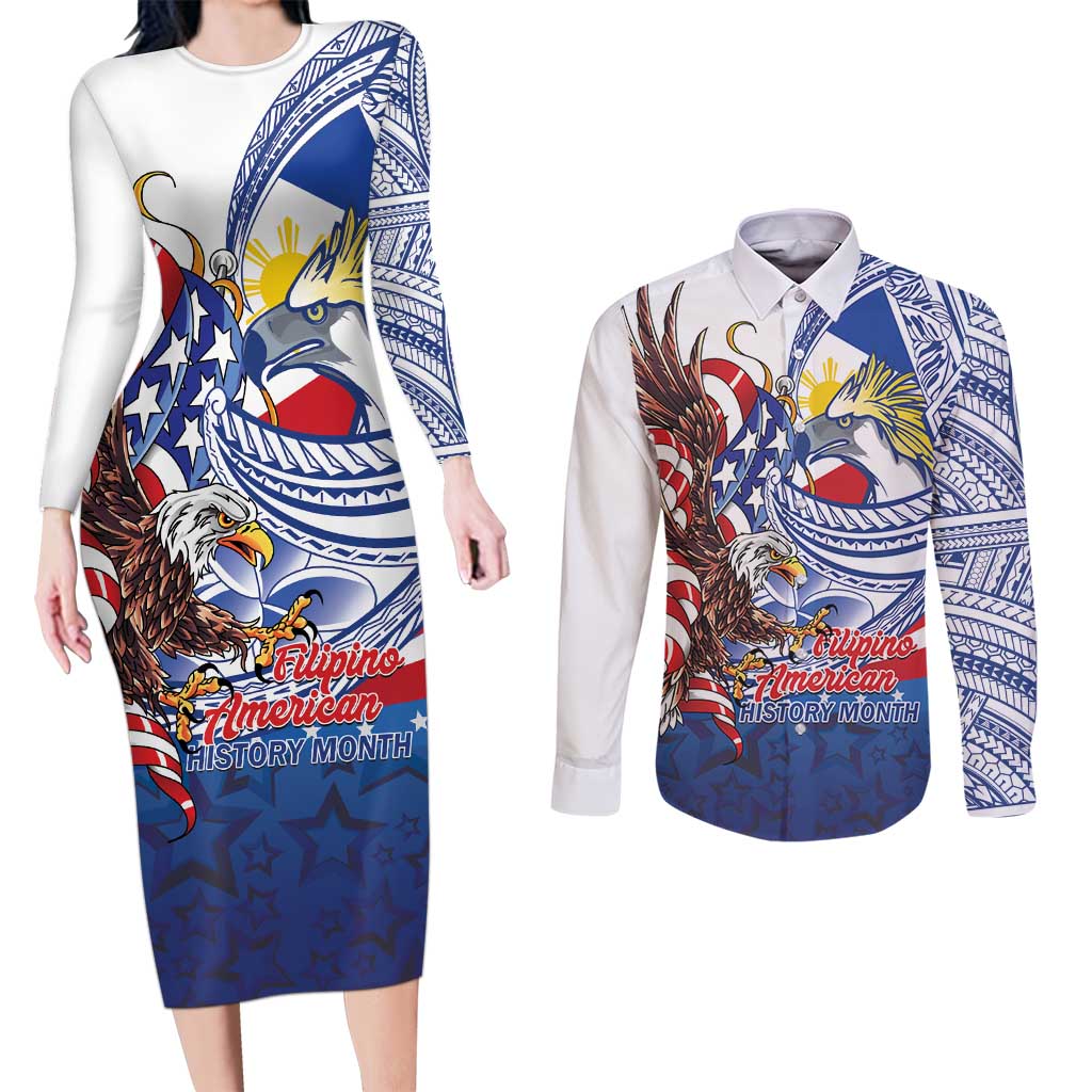 Filipino American History Month Couples Matching Long Sleeve Bodycon Dress and Long Sleeve Button Shirt Philippines Agila USA Eagle Mix Flag