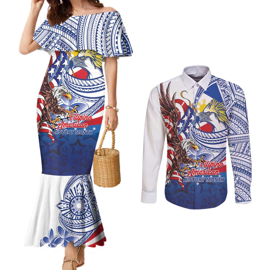 Filipino American History Month Couples Matching Mermaid Dress and Long Sleeve Button Shirt Philippines Agila USA Eagle Mix Flag