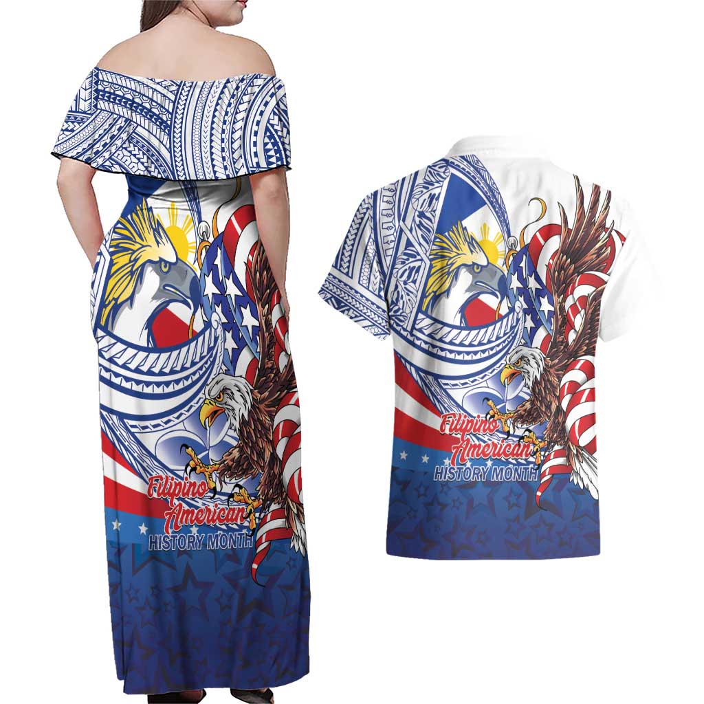 Filipino American History Month Couples Matching Off Shoulder Maxi Dress and Hawaiian Shirt Philippines Agila USA Eagle Mix Flag LT14 - Polynesian Pride