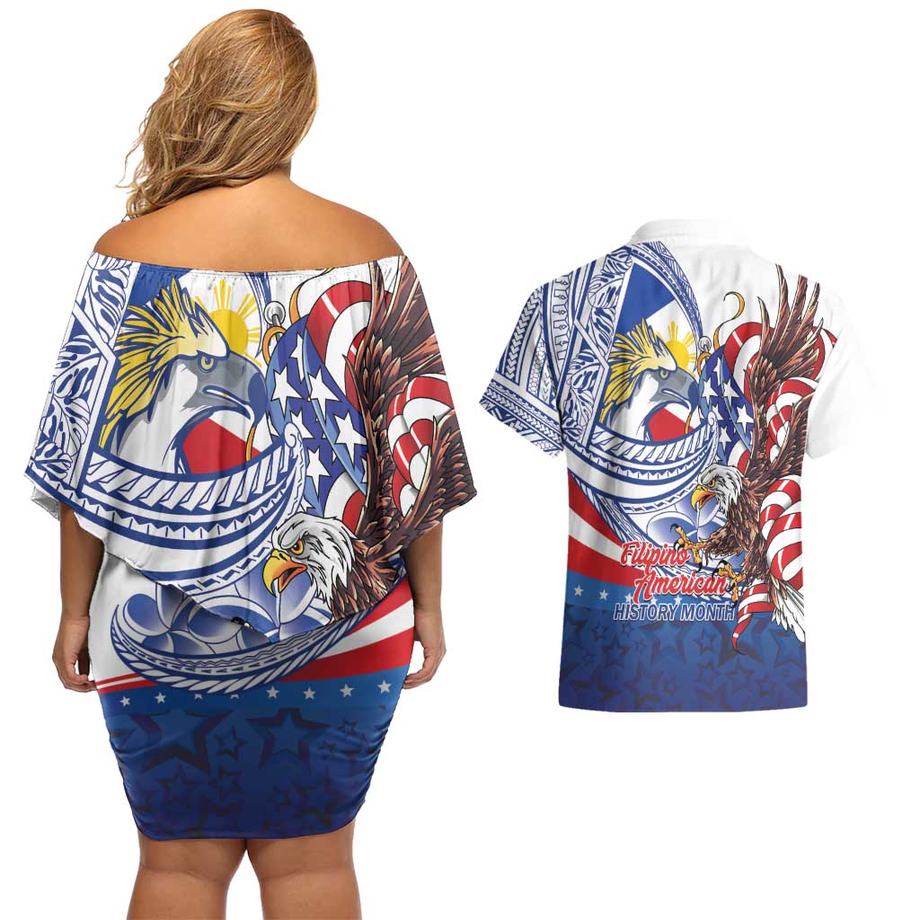 Filipino American History Month Couples Matching Off Shoulder Short Dress and Hawaiian Shirt Philippines Agila USA Eagle Mix Flag LT14 - Polynesian Pride