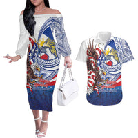 Filipino American History Month Couples Matching Off The Shoulder Long Sleeve Dress and Hawaiian Shirt Philippines Agila USA Eagle Mix Flag LT14 Blue - Polynesian Pride