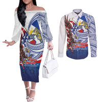 Filipino American History Month Couples Matching Off The Shoulder Long Sleeve Dress and Long Sleeve Button Shirt Philippines Agila USA Eagle Mix Flag LT14 Blue - Polynesian Pride