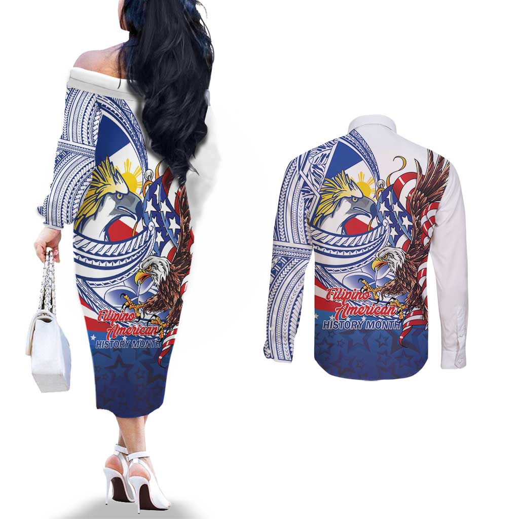 Filipino American History Month Couples Matching Off The Shoulder Long Sleeve Dress and Long Sleeve Button Shirt Philippines Agila USA Eagle Mix Flag LT14 - Polynesian Pride