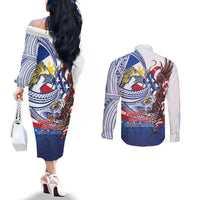 Filipino American History Month Couples Matching Off The Shoulder Long Sleeve Dress and Long Sleeve Button Shirt Philippines Agila USA Eagle Mix Flag LT14 - Polynesian Pride