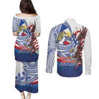 Filipino American History Month Couples Matching Puletasi and Long Sleeve Button Shirt Philippines Agila USA Eagle Mix Flag