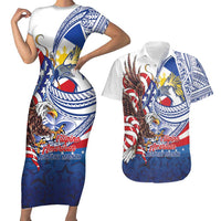Filipino American History Month Couples Matching Short Sleeve Bodycon Dress and Hawaiian Shirt Philippines Agila USA Eagle Mix Flag LT14 Blue - Polynesian Pride
