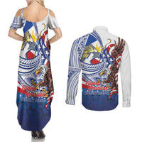 Filipino American History Month Couples Matching Summer Maxi Dress and Long Sleeve Button Shirt Philippines Agila USA Eagle Mix Flag