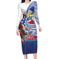 Filipino American History Month Family Matching Long Sleeve Bodycon Dress and Hawaiian Shirt Philippines Agila USA Eagle Mix Flag LT14 Mom's Dress Blue - Polynesian Pride