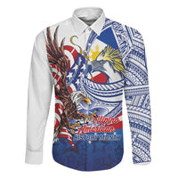 Filipino American History Month Family Matching Off The Shoulder Long Sleeve Dress and Hawaiian Shirt Philippines Agila USA Eagle Mix Flag LT14 Dad's Shirt - Long Sleeve Blue - Polynesian Pride
