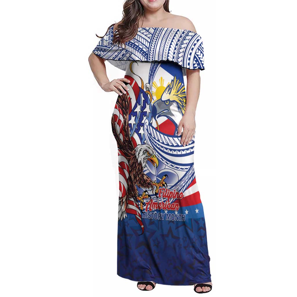 Filipino American History Month Family Matching Off Shoulder Maxi Dress and Hawaiian Shirt Philippines Agila USA Eagle Mix Flag LT14 Mom's Dress Blue - Polynesian Pride